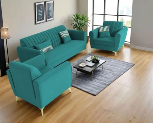 Image of 5 Seater Sofa Set 3+1+1 Teal cluor Fabric | Modern Living Room Furniture | Solid Wood Frame | Premium Cushioned Comfortable Couch Set for Home & Office, Free 4 Pillow.