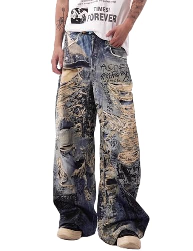 Mens Baggy Ripped Jeans Hip Hop Embroidered Jeans Vintage Skateboard Pants Grunge Clothes Loose Fit Graphic Jeans