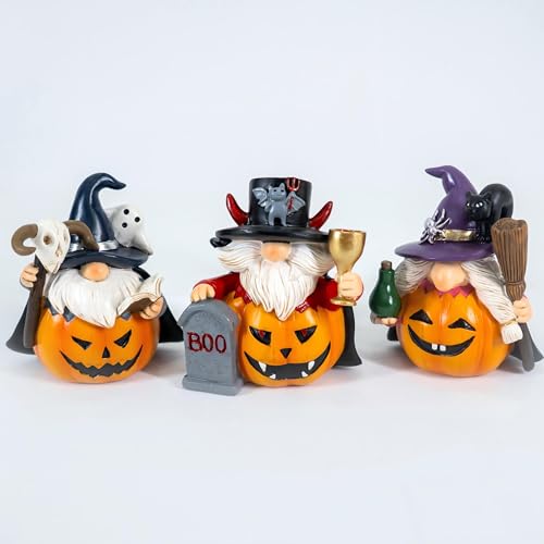 WZAPPKEW 3PCS Halloween Gnomes Figurines Decor Pumpkin Themed Handmade Resin