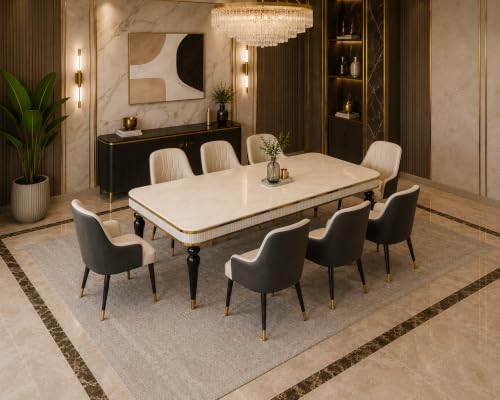 Image of 8 Seater Dining Table Set with Nano Composite Marble Top, Solid Wood Base & 8 Upholstered Chairs, Modern Dining Table Set for Home & Dining Room Furniture