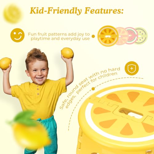 Image of Folding Step Stool 9 Inch, Sturdy Collapsible Step Stool Foldable Up to 265 lb for Kids Toddlers & Adults, Non Slip Foot Stools with Handle for Kitchen, Bathroom, Bedroom, Outdoor, Lemon Yellow