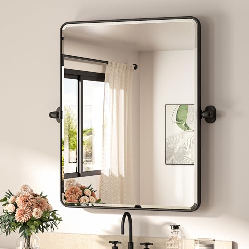 TETOTE Matte Black Pivot Bathroom Mirror 24 x 30 Tilting Beveled Rectangle Metal Framed Tempered Glass Mirror Farmhouse Adjustable Tilt Rounded Corner Rectangular Vanity Mirror Horizontal/Vertical