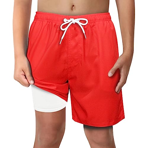 Image of Boys Swim Trunks with Boxer Brief Liner Compression Anti Chafe Swimming Shorts Stretchy UPF Quick Dry Swimsuit