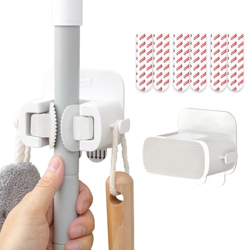 Image of TAILI Mop and Broom Holder Wall Mount Grippers, 2 Hangers and 6 Adhesive Strips, Damage Free Hanging Wall Mount, Household Cleaning Organizer for Organization and Storage, Holds up to 4 lbs, White