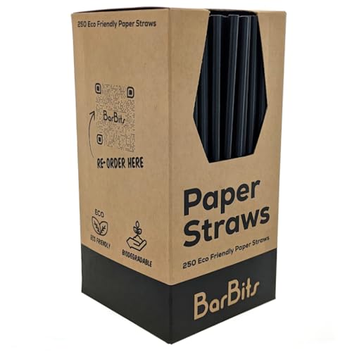BarBits Black Paper Straws Pack of 250 - Biodegradable & Recyclable Paper Drinking Straws, Ideal for Cold and Hot Drinks