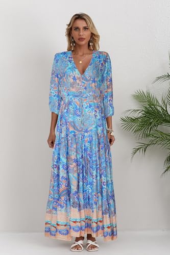 Image of Women Short Sleeve V Neck Floral Print Casual Bohemian Maxi Dresses