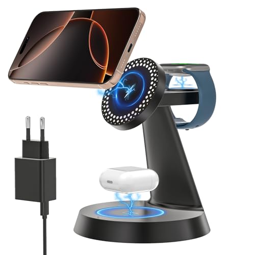 slitinto 3 in 1 Induktive Ladestation für Magnetische, 15W Kabellose Ladegerät Tragbare, Schnelle Wireless Charger Stand für iPhone 16/15/14/13/12, AirrPods Pro 4 3 2 Apple Watch-Schwarz