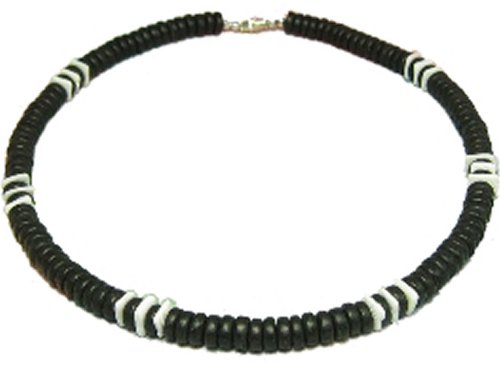 Native Treasure - 20 inch Men's Black Coco Wood Bead White Rose Clam Chips Puka Shell Necklace - 8mm (5/16")