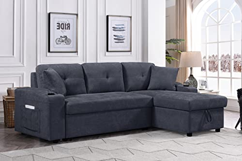 Biadnbz Sleeper Sectional Sofa Convertible With Pull Out Bed And Reversible Storage Chaise, L-Shape Corner Couch W/2 Cupholders, Side Pockets&Pillows, For Living Room Apartment, Dark Gray #TOP25