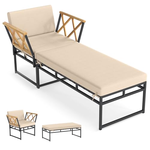 FANTASK Tumbona de jardín con reposabrazos de Madera de Acacia, Tumbona con cojín y Taburete, combinación Libre, sillón de salón, Tumbona para jardín, balcón, terraza