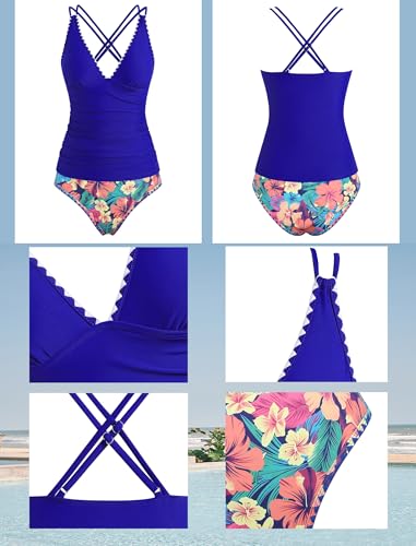 Image of ZAFUL Womens Tankini Swimsuits V Neck Push Up Swim Top Color Block Tummy Control High Waisted Bathing Suits Swim Bottom