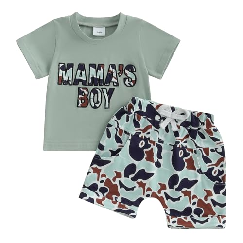 Image of FEIBEL Baby Boy Clothes Mama's Boy Embroidery T-Shirt and Camo Shorts Set 2Pcs Infant Toddler Summer Outfit 0-3 Years