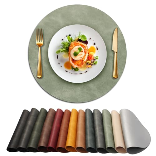 Image of UnivoColors Placemats Round Faux Leather Placemats Set of 6-Waterproof-Wipe Clean-Heat Resistant-Anti Slip Dining Table Place Mats,Suitable for Indoor & Outdoor Use,15 inch.Retro Green
