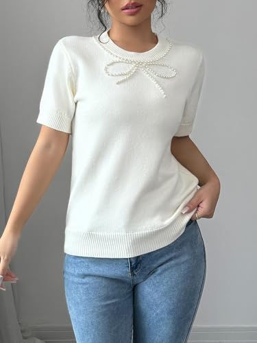 MakeMeChic Women's Bow Sweater Crew Neck Short Sleeve Knitted Pullover Beaded Tops3