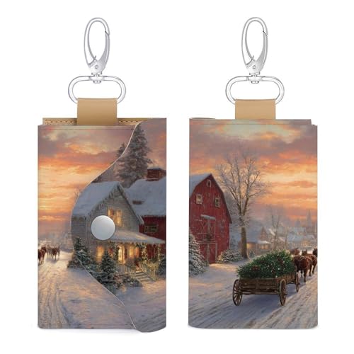 Christmas Scene Old Red Barn Horses Key Holder Bag PU Leather ID Card Holder Keychains Case Cover for Men Women3