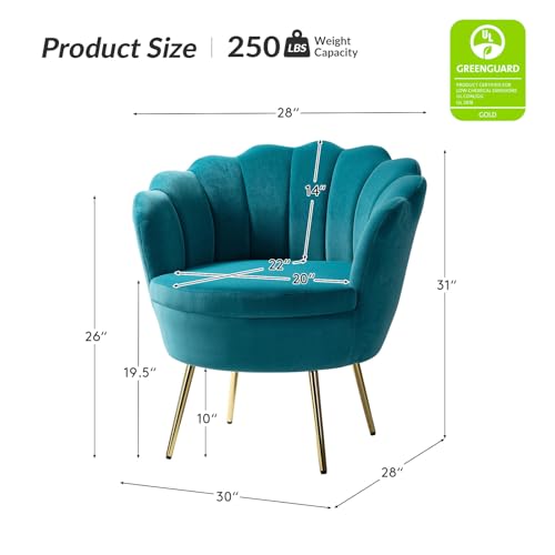 Image of HULALA HOME Modern Velvet Accent Chair with Shell Shaped Back, Cute Living Room Bedroom Armchair Sofa Chair with Gold Legs, Comfy Upholstered Vanity Chair for Makeup Room, Blue