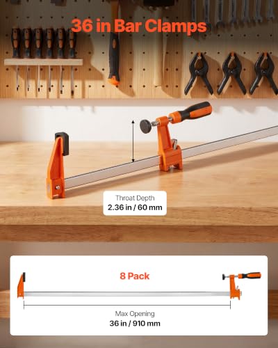 Image of VEVOR Bar Clamps for Woodworking, 8-Pack, 36 inch Opening F Clamps, 600 lbs Load Limit, with Plastic Pad and Self-Locking Design, Premium Cast Iron and Carbon Steel, for Wood Working and Metal Working