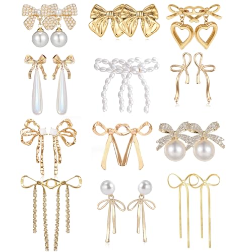 12 Pairs Crystal Rhinestone Pearl Kate Spade bow stud earrings for women Statement Ribbon Fringe Waterfall Dangling Long Chain Bow Dangle Drop Tassel Earrings