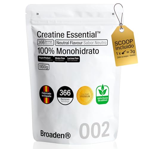 BROADEN® 1,1kg Creatina Monohidrata en Polvo Sin Sabor con 366 Dosis | 100% Monohidrato de Creatina Micronizada | Incluye Dosificador | Sin Añadidos | Sin OMG, Vegano, Sin Gluten.