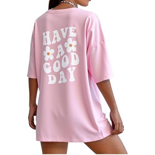 T-Shirt Damen Baumwolle Kurzarm Oversized Tshirt Sommer Oberteile Rundhals Bedrucken Tops Casual Lose Tunika Bluse Tee Teenager Shirts (DE/NL/SE/PL Alphanumerisch L Regular Regular Pink)