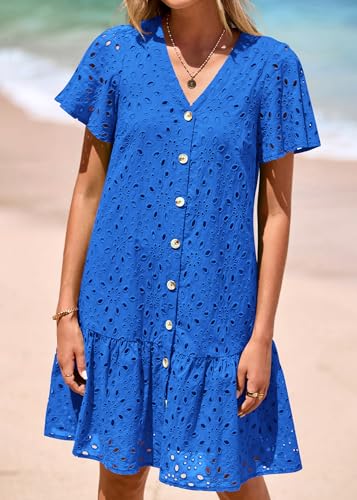 Image of KIRUNDO Eyelet Dresses for Women Button Down Mini Babydoll
