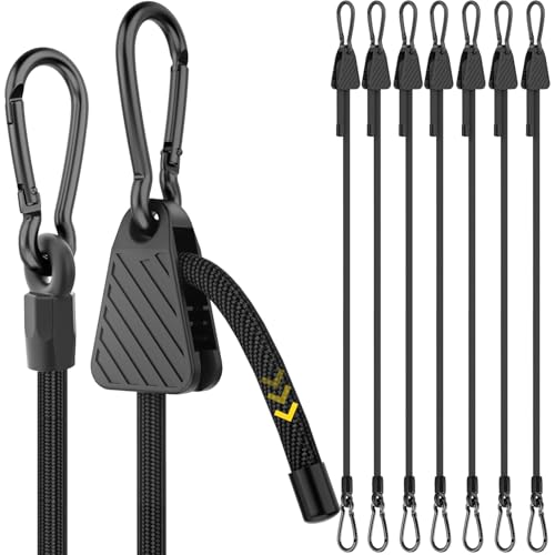 8 Pcs 48 inch Adjustable Bungee Cords with Hooks, Heavy Duty Outdoor Carabiner Bungee Cord, Black Super Elastic Bungee Straps Easily Adjust from 7' to 48', Great for Cargo, Camping, Bike Racks, Tents