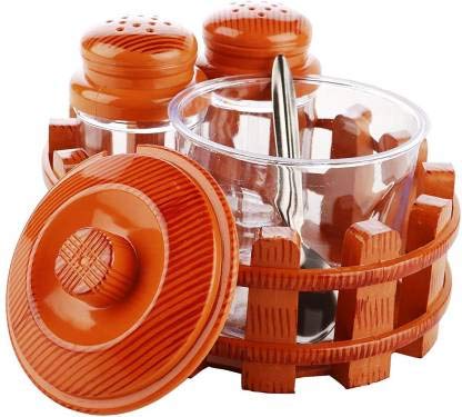 Image of Nabhya Complete Dining Table Set of Pickle Jars, Salt and Pepper Dispenser, Toothpick Holder and Spoon Holder(Wooden Look Design, Plastic) (Table Top)