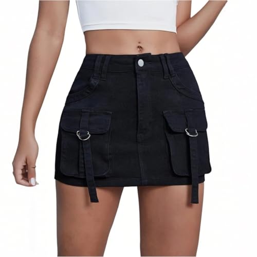 Mini Jean Skirts for Women Denim Cargo Skirt Mid Rise Stretch Slim Fit Y2k Distressed Short Skirt with Mulity Pockets
