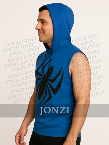 Jonzi Scarlet Spider Sleeveless Hoodie for Men | Royal Blue Gym Pullover | Spiderman Logo Workout and Casual Wear4
