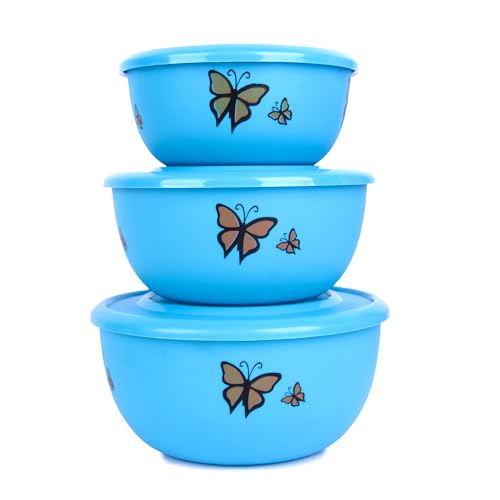 Image of Microwave Safe Stainless Steel Food Storage Container with Lid | Euro Mixing Bowl Set for Kitchen | 500ml, 800ml, 1250ml | Pack of 3 | Leak-Proof (Classic Blue Butterfly)