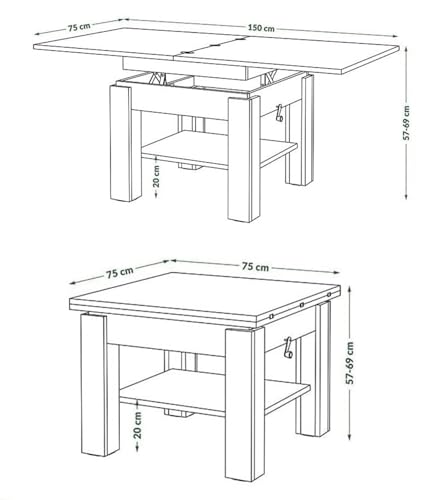 All4All Multifunktionaler Couchtisch Claris - Wohnzimmertisch Kaffeetisch – kompakte Größe - 130x75 cm – Höhenverstellbar – platzsparend – Artisan Eiche + ANTHRAZIT 05 – Bild 4