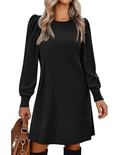 Zeagoo Damen Strickkleid Langarm Herbstkleid Puff Pulloverkleid Elegant Strickpullover Kleid Leicht Tunika Kleid mit Taschen Schwarz L
