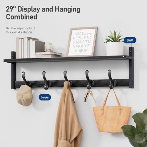 Image of Tatub 29 inch Rustic Coat Rack Wall Mount with Shelf, Entryway Wall Hooks with Shelf, Coat Hangers for Bathroom, Living Room, Bedroom, Black