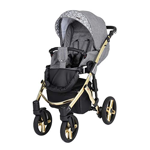 KUNERT Kinderwagen MILA PREMIUM CLASSIC Sportwagen Babywagen Autositz Babyschale Komplettset Kinder Wagen Set 3 in 1 (Grauer Würfel, Rahmenfarbe: Gold, 3in1)