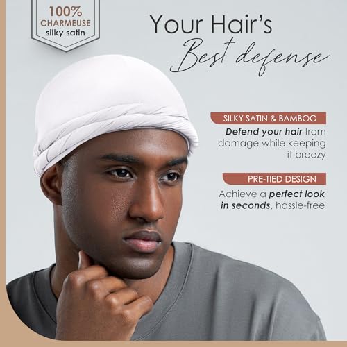 CAPLORD Silk Satin Lined Halo Turban Head Wrap Pre-Tied Skull Cap for Men and Women Sleeping Bonnet Hair Cover Chemo Hair Loss Hat Headwrap Wave Cover White