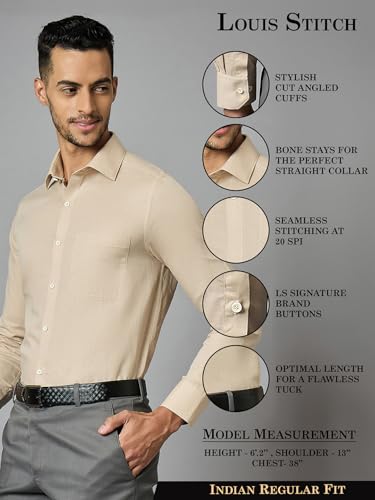 Image of LOUIS STITCH Mens Beige Cotton Linen Full Sleeves Regular Fit Formal Shirt (US402-S1-BERF)