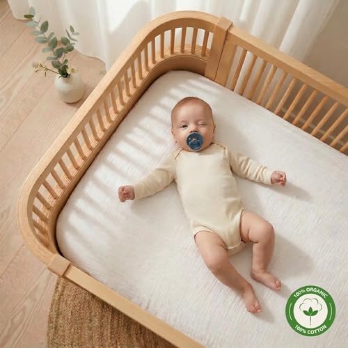 Image of Crib Sheets - Organic Cotton Muslin Fitted Crib Sheet - Standard Size for Baby Boy and Baby Girl 28 inch x 52 inch Ultra-Soft and Breathable. (Soft White)