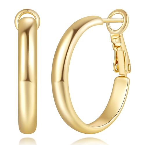 Gold Hoop Earrings 14K Gold Earrings for Women Hoop Earring for Women Everyday Clean Circular Lines Design with Paddle Back Simple Hoops Womens Earring 25mm