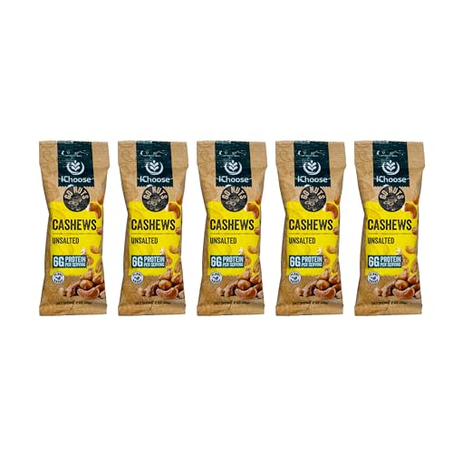 Image of IChoose Unsalted Cashews Individual Snack Packs (5 Count) - No Salt Added Whole Roasted Cashews, Cashews Individual Packs, Plant-Based Protein, Heart-Healthy Gluten-Free Nuts, 2 oz Each