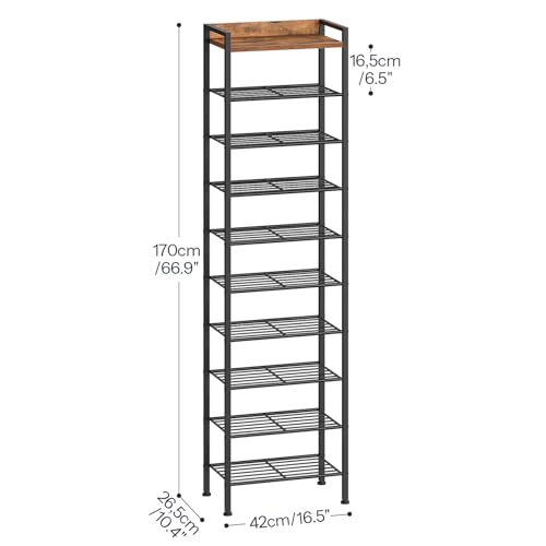 Image of HOOBRO 10 Tier Shoe Rack Organizer with Wooden Top, Narrow Shoe Storage Shelf for 10-18 Pairs, Tall Metal Shoe Rack for Closet Entryway, Hallway, Bedroom, Space Saving, Rustic Brown BF11XJ01