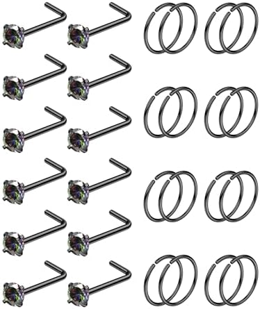 28PCS Hypoallergenic Nose Rings Hoops Studs - 316L Stainless Steel Nose Ring for Women Men - L Shaped CZ Nose Stud Hoop Nostril Piercings Jewelry Set 18G 20G 22G Silver Rose Gold Black Rainbow