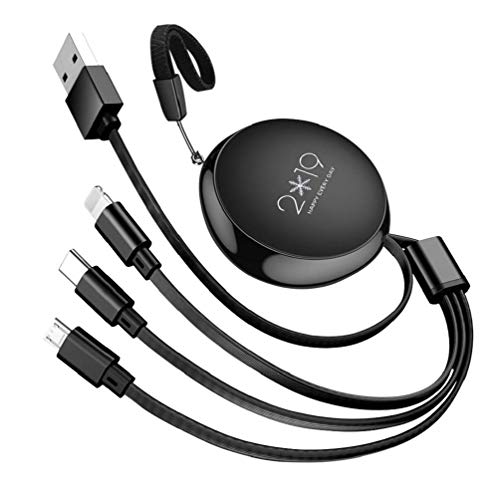 【3年間品質保証】NIERBO 巻き取り 充電ケーブル 3in1 3a 急速充電 伸び縮みがスムーズ ライトニング Micro USB Type-C 巻き取りケーブル 1m (ブラック)