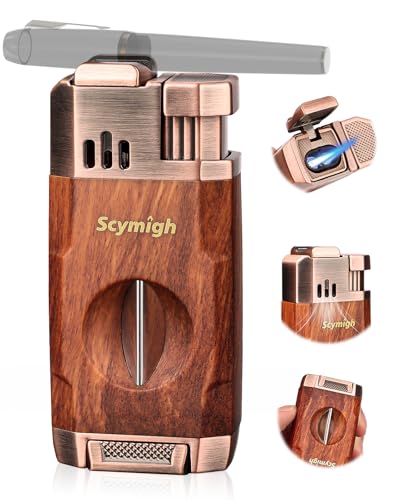 Dual Flame Jet Torch Lighter with V-Notch Tool and Holder, Refillable Butane, Adjustable Flame, Fuel Window, Compact Travel & Home Gift for Men