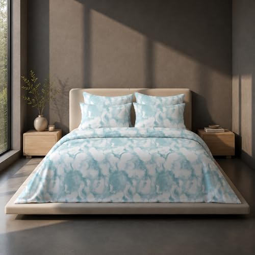 Image of VELOURA Tie-Dye Bedsheet Set, 100% Cotton, King Size 108x108 Inches, 300 Thread Count, with 2 Pillow Covers (Teal)