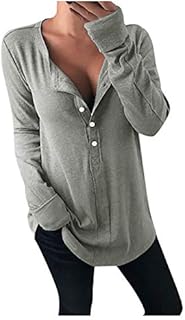 Aniywn Women's Ladies Thin Long Sleeve Tunic T-Shirt Baggy V-Neck Buttons Pure Color Tee Pullover Blouse Gray