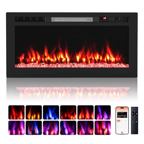 COSTWAY Smart WIFI Electric Fireplace, Wall Mounted/Recessed/Freestanding Fire Heater with APP & Remote Control, 12 Flame & Ember Bed Color, 5 Brightness, 12H Timer, 750W/1500W (36”/91cm)