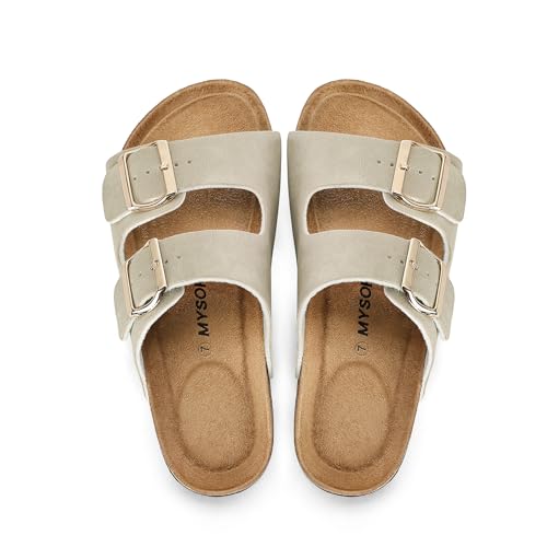 Image of mysoft Womens Flat Sandals Cork Footbed Slides with 2 Straps | Adjustable Buckle Slip On Comfortable Casual Light Weight Summer sandals