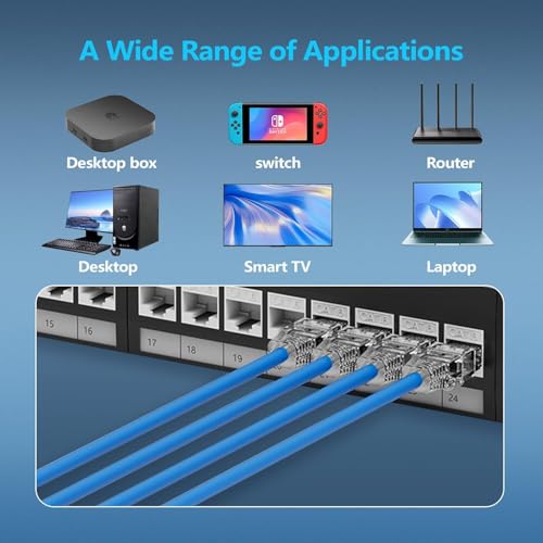 Image of Cat6 Ethernet Patch Cable 10ft Slim, Pure Copper, 10Gbps, 550MHz, Durable Patch Panel Network Cable, Blue - 10 Pack