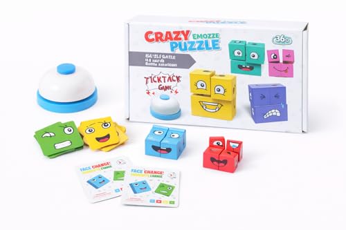 Image of Fun4You-Face Change Emoji Blocks Game for Kids | Wooden Expression Matching Cube Puzzle with Bell & Challenge Cards | Brain Development Educational Toy for Boys & Girls (5-12 Years)