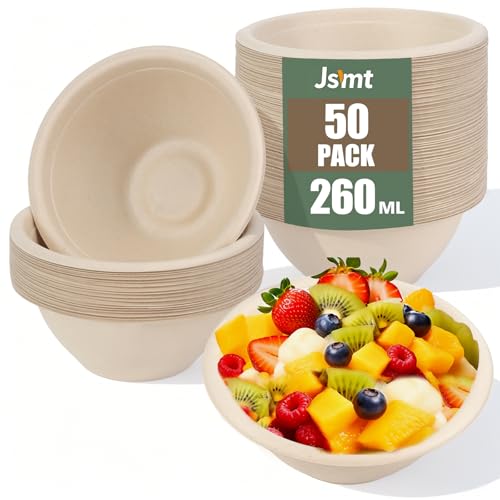 JSMTKJ 50 Piezas Cuencos Desechables de Caña de Azúcar, 260ml Tazones de Papel Desechables, Vajilla Biodegradable para Fiestas, Picnics, Hogar, Bodas
